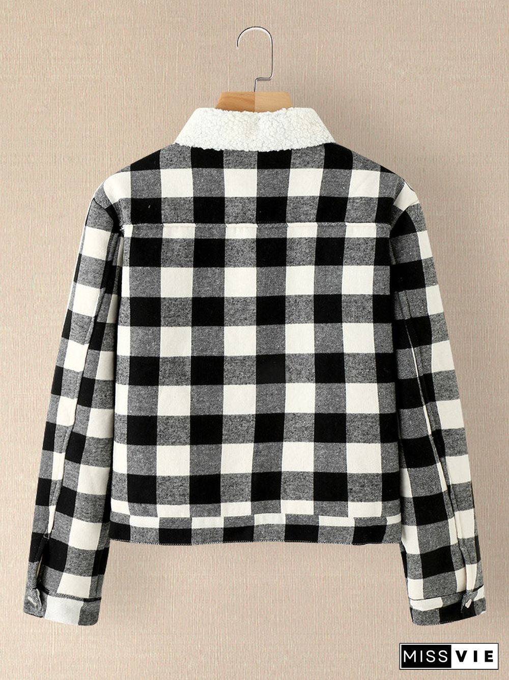 Plaid Pattern Lapel Collar Pocket Button Women Lamb Jacket