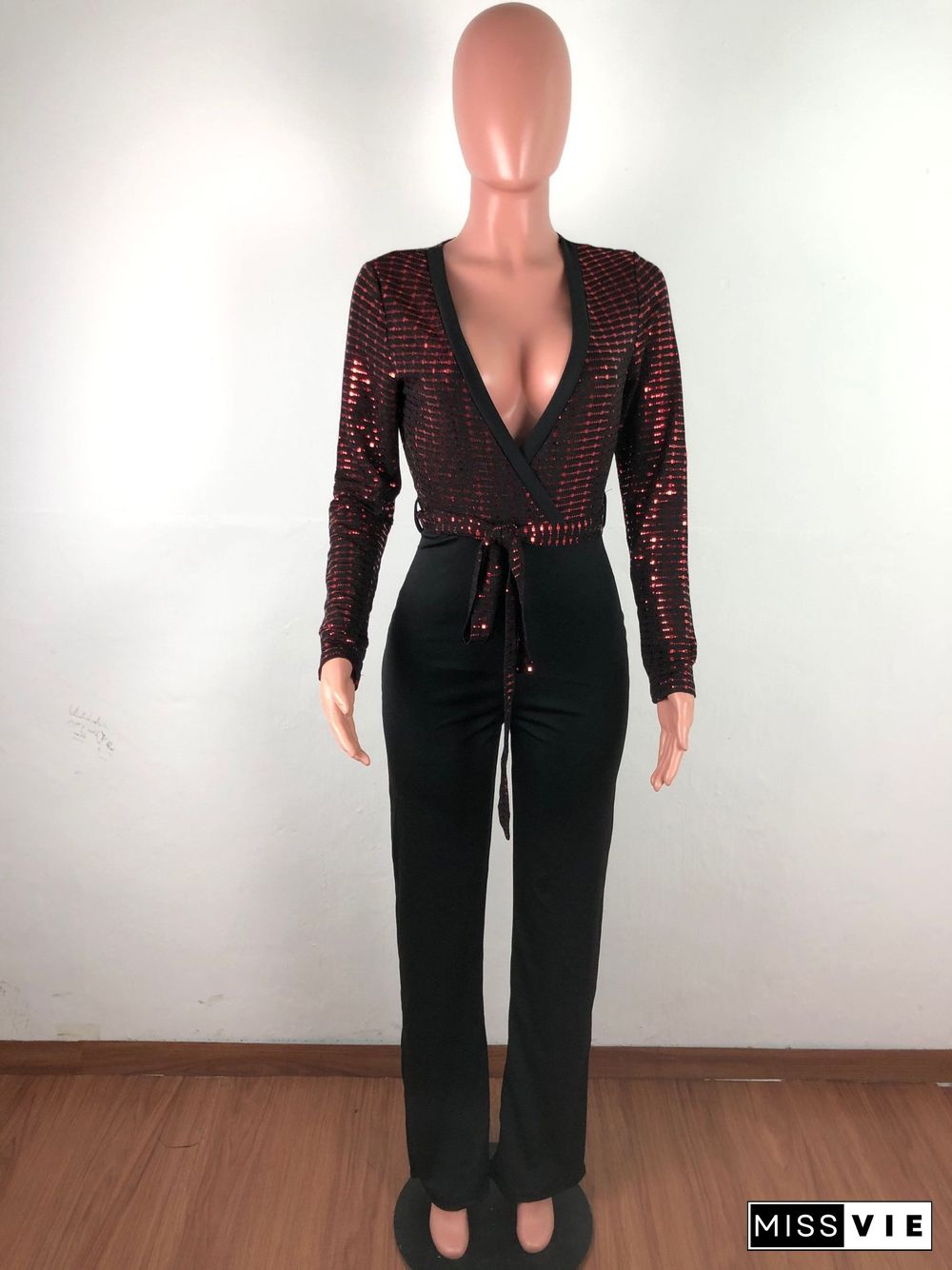 Sexy Deep V Sequin Wide-legs Jumpsuit