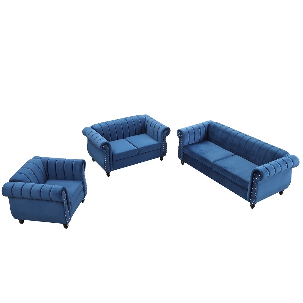 Blue Frosted Velvet Tufted Chesterfield Sofa Set  3 Seater + Loveseat + Single Sofa