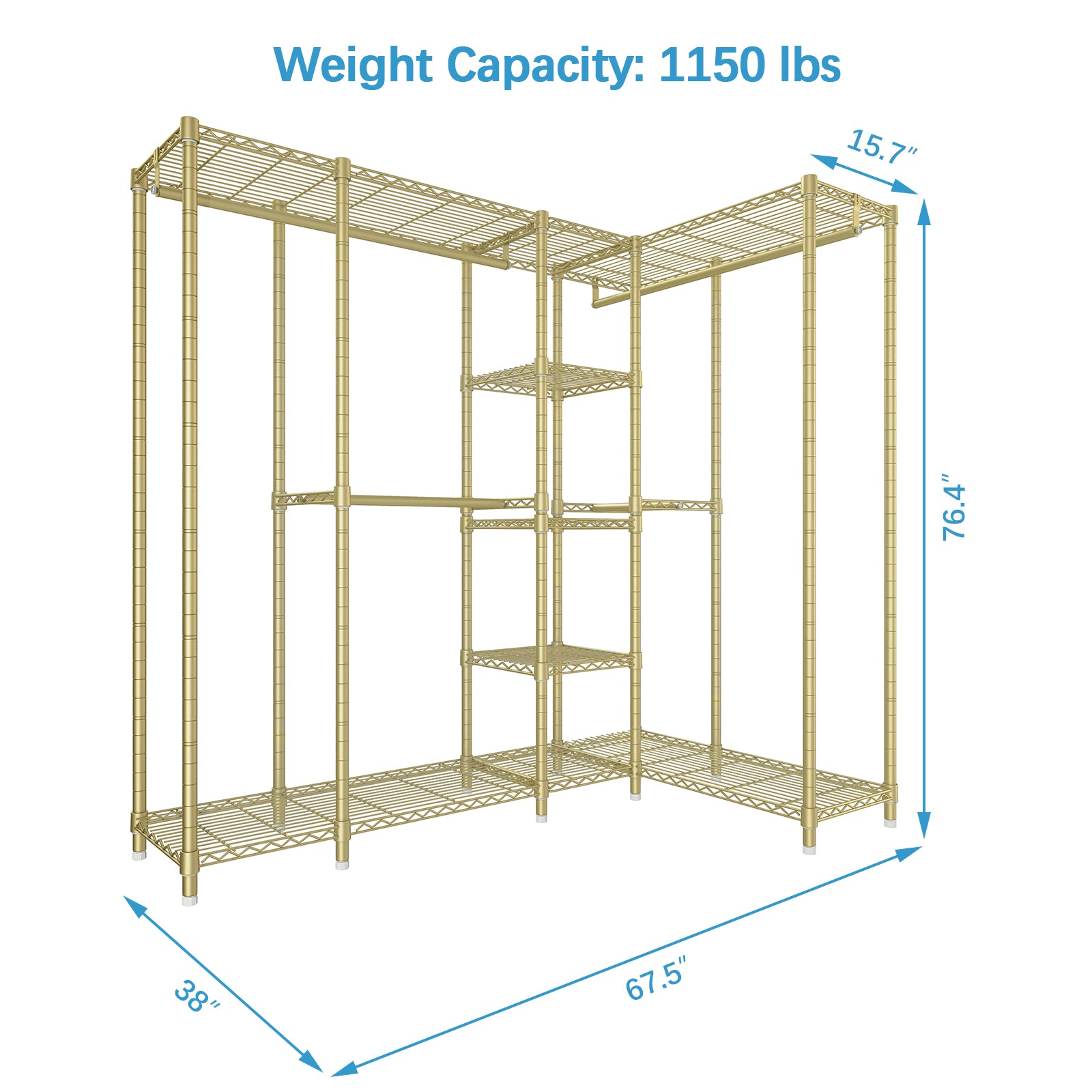 VIPEK L50 Wire Garment Rack L Shaped Clothes Rack for Corner, Protable Freestanding Wardrobe Closet Rack Heavy Duty Clothing Rack Clothes Storage Organizer Closet for Bedroom, 67.5"Lx38"Wx76.4"H, Gold