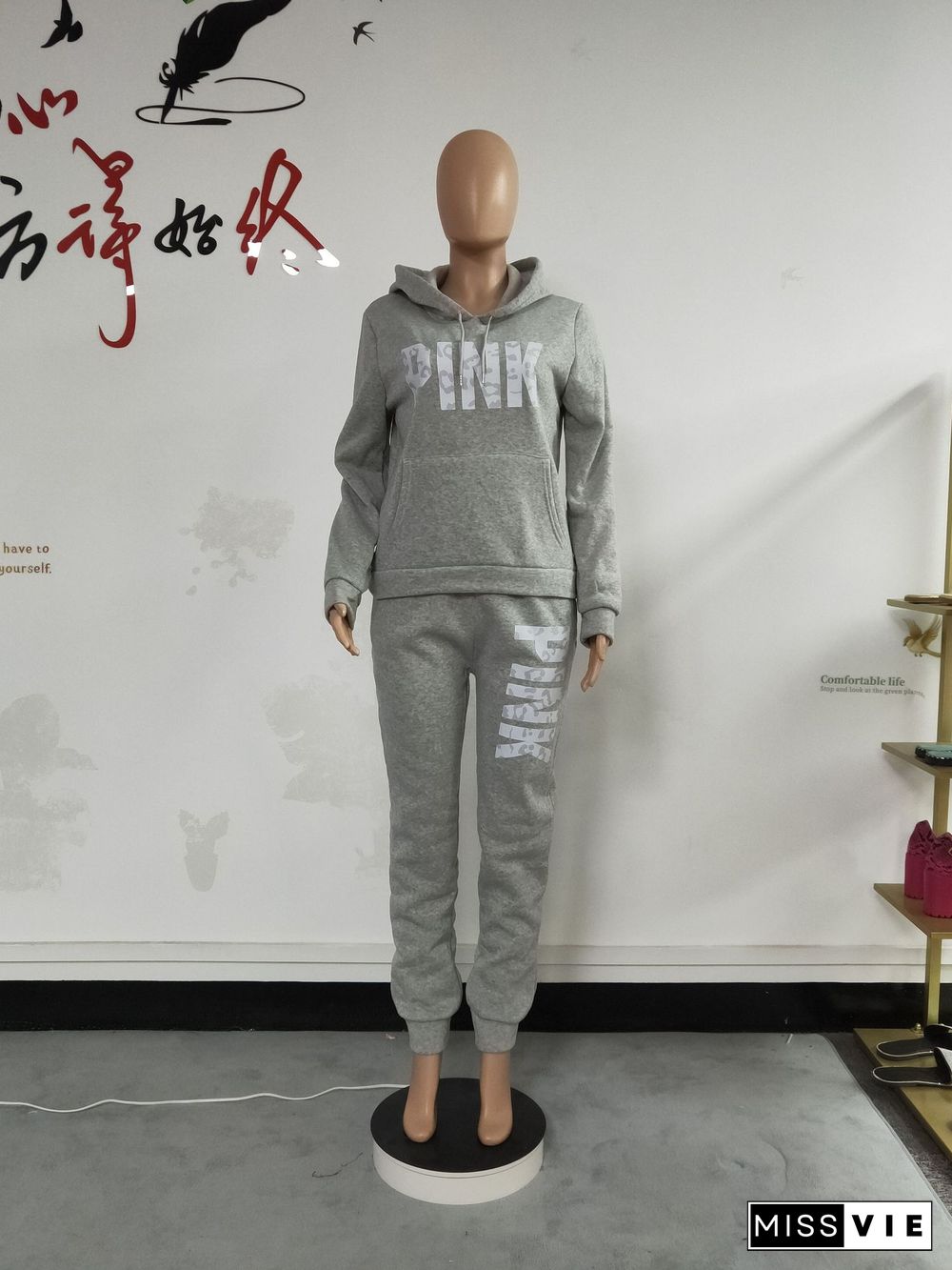 Winter Letter Print Hoodies and Pants Sports 2 Piece Sets