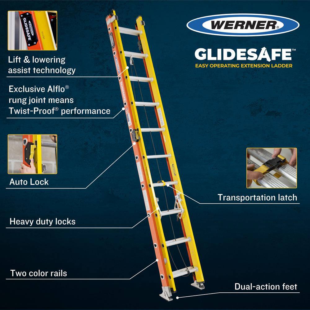 Werner 24 ft. GlideSafe Fiberglass Extension Ladder 300 lbs. Load Capacity Type IA Duty Rating T6224-2GS