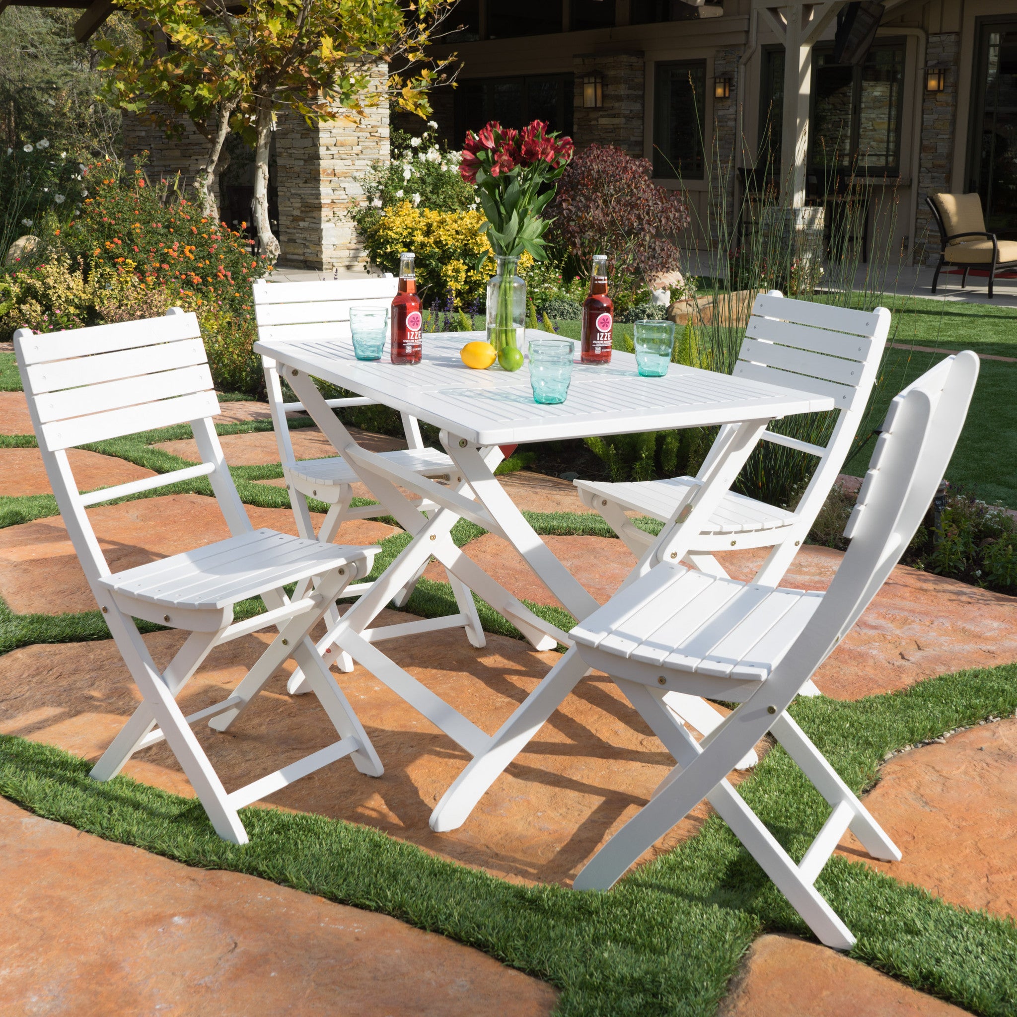 Vicaro Outdoor White Finish Acacia Wood Foldable Dining Set