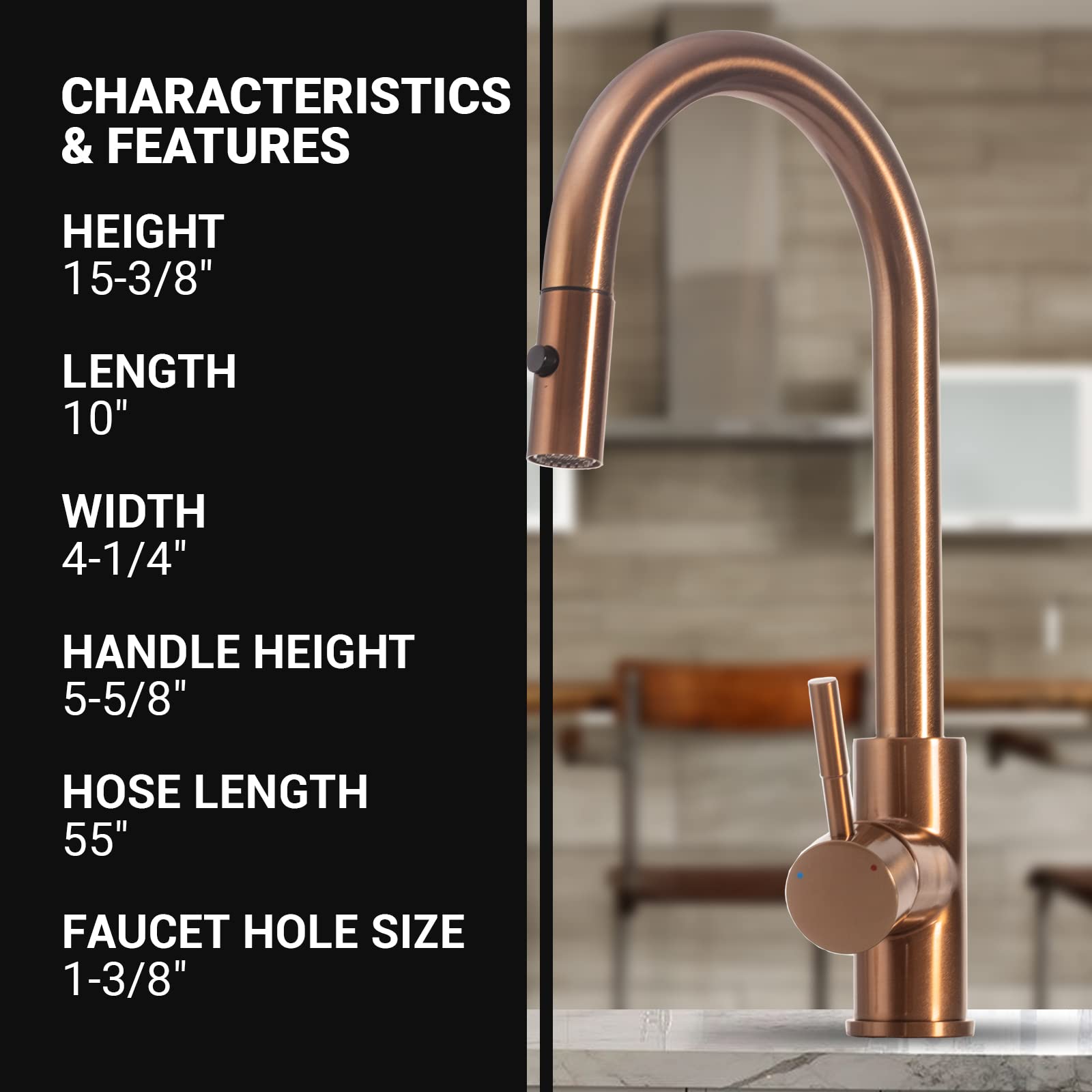 Strictly Kitchen and Bath Pull Down Sprayer Copper Kitchen Faucet with 360° Swivelling Spout， Spray and Stream Modes