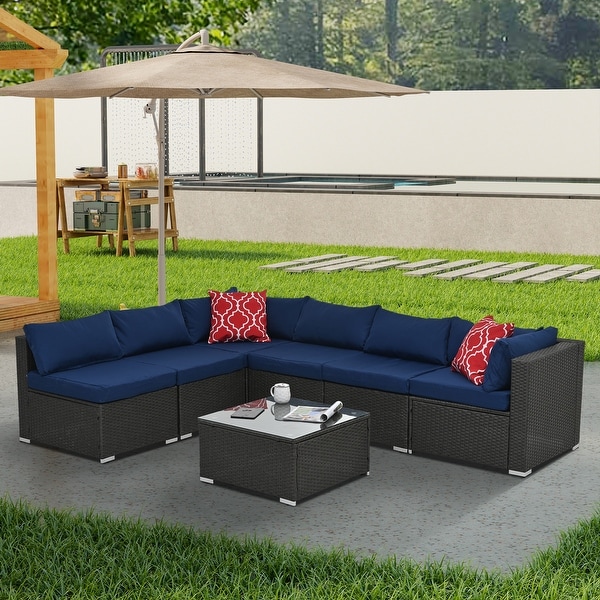 7Pcs Outdoor Sectional Furniture Set，AllWeather PE Rattan Sectional Sofa Conversation Set w/ Coffee Table and Washable Cushions