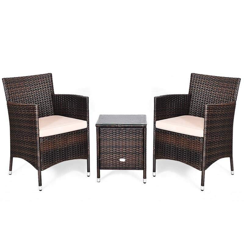 3 Pcs Rattan Patio Conversation Set Wicker Outdoor Furniture Set with Coffee Table & 2 Cushioned Sofa