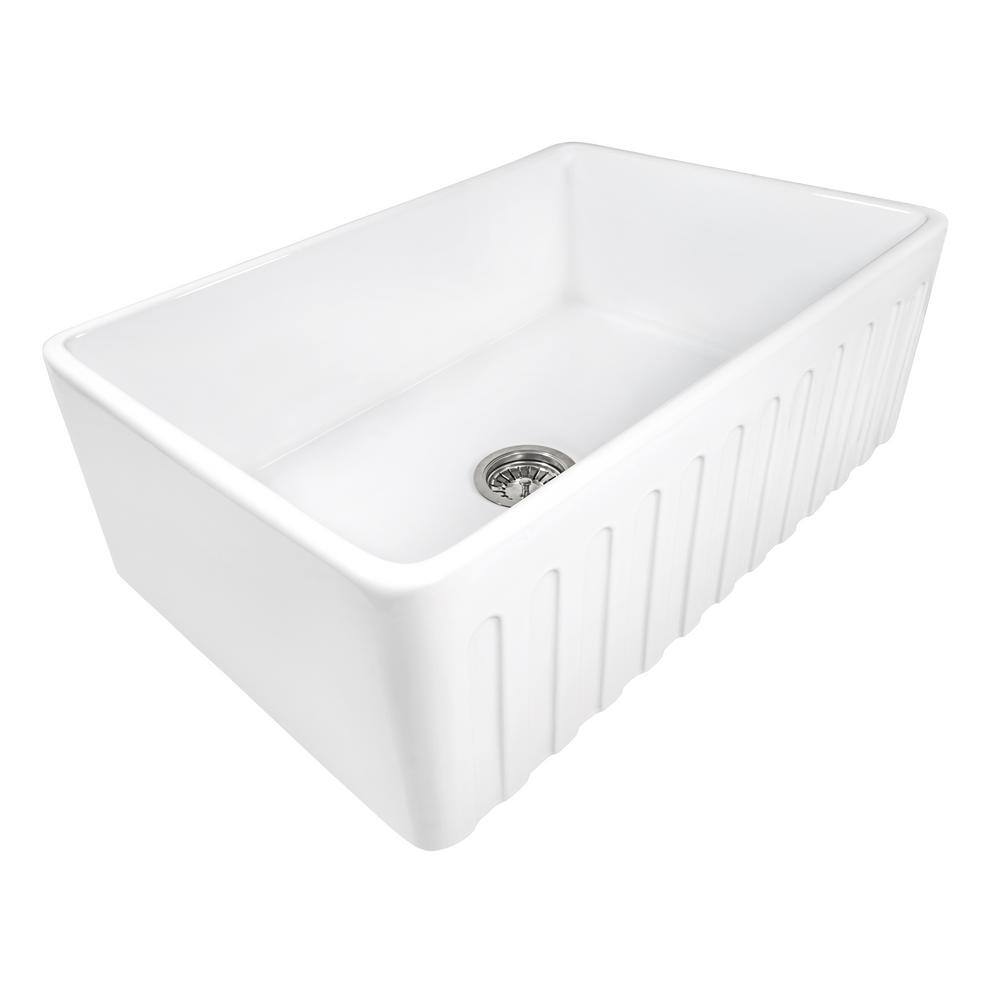 Ruvati Farmhouse Apron-Front Fireclay 33 in. x 20 in. Reversible Single Bowl Kitchen Sink in White RVL2300WH