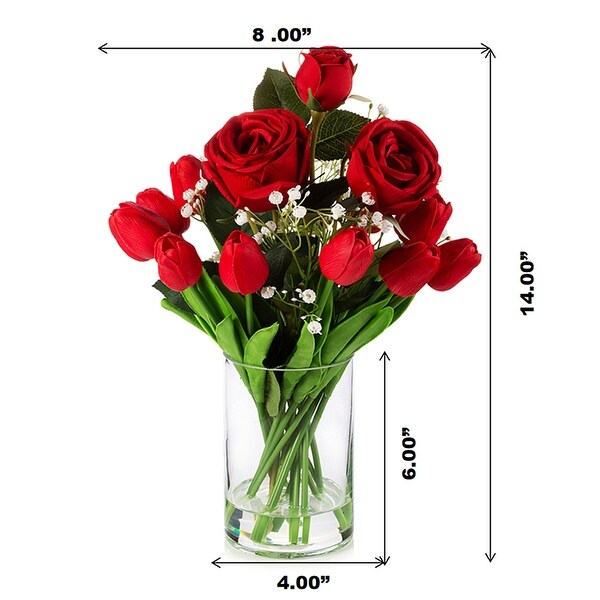 Enova Home Mixed Artificial Real Touch Tulip and Rose Flower Arrangement in Clear Glass Vase with Faux Water