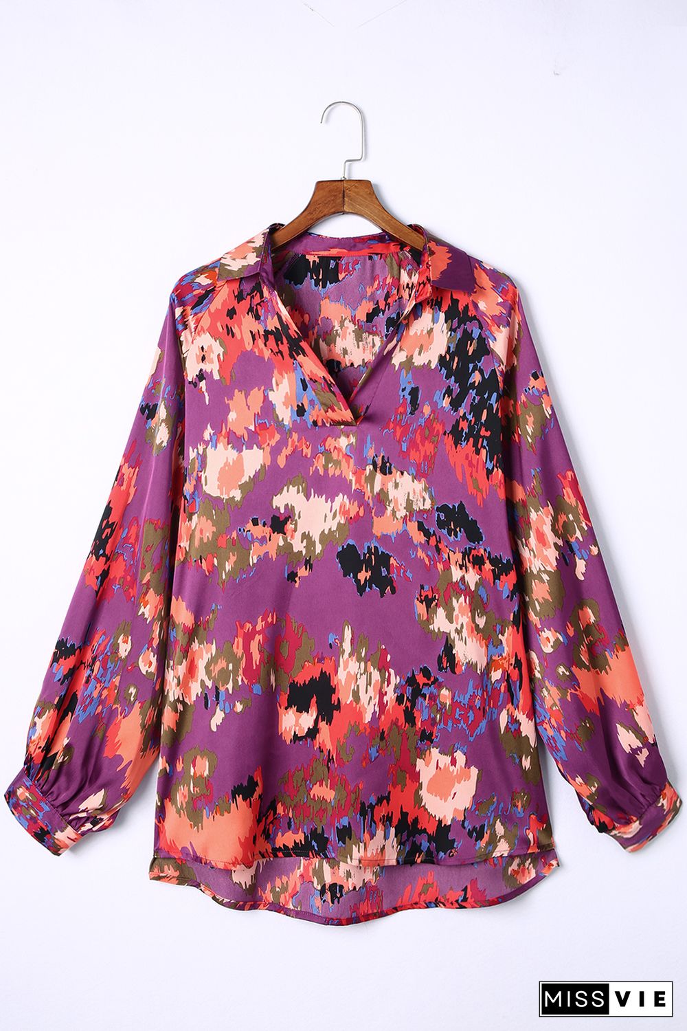 Purple Plus Size Abstract Print V-Neck Long Sleeve Blouse