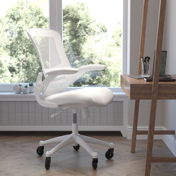 Kelista Mid-Back White Mesh Swivel Ergonomic Task Office Chair with White Frame， Flip-Up Arms， and Transparent Roller Wheels