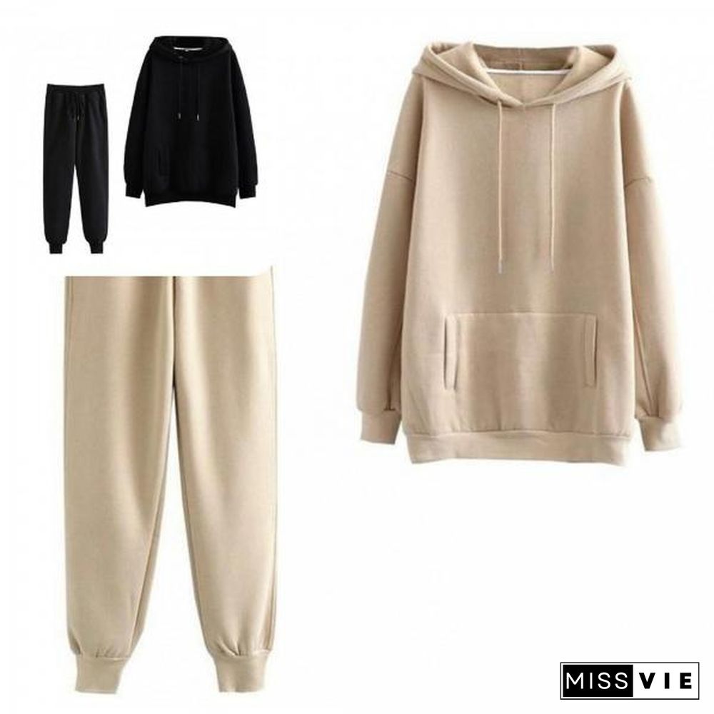 Sweatshirt Pants Set Hooded Cold Resistant Drawstring Pockets Women Outfit For Office