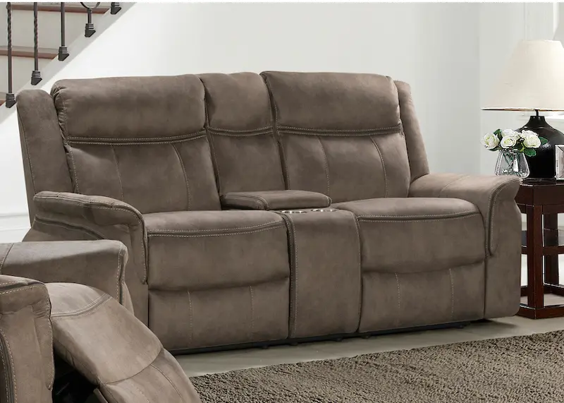 Kisner Brown Reclining Loveseat with Console