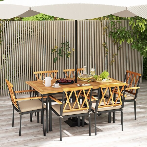 Gymax 7 PCS Patio Dining Set w/ 2'' Umbrella Hole and Seat Cushions