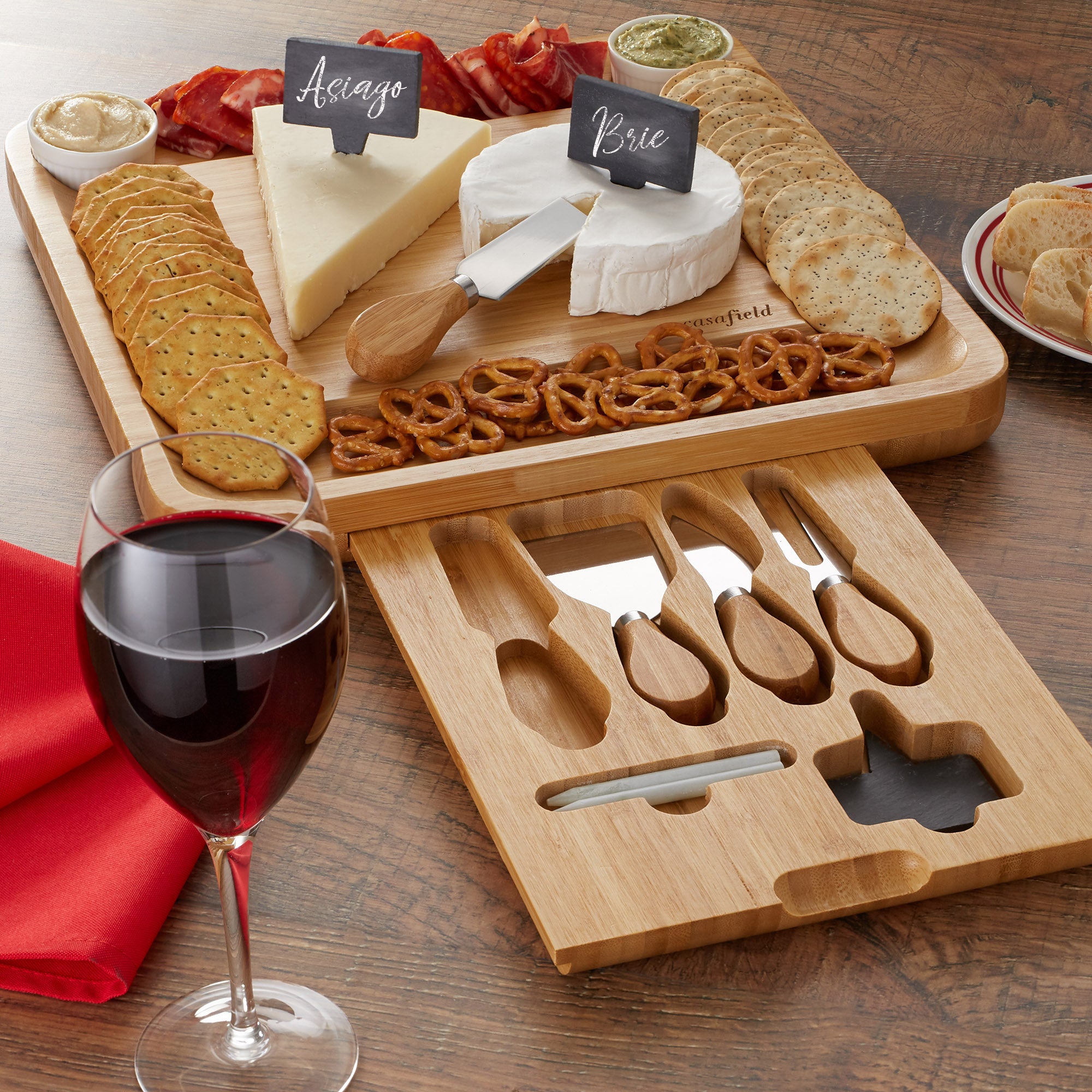 Casafield Bamboo Cheese Board with Stainless Steel Knives and Ceramic Bowls