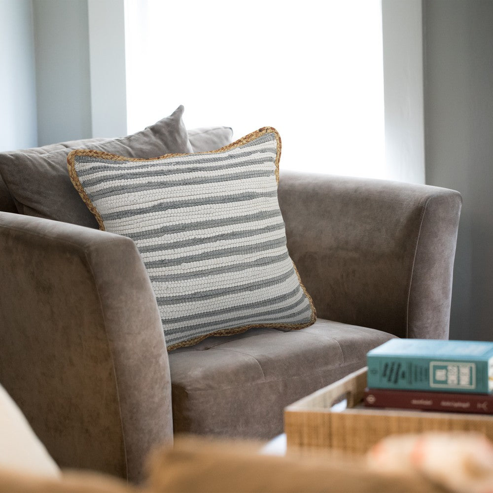 Ox Bay Gray and White Striped Jute Bordered Throw Pillow