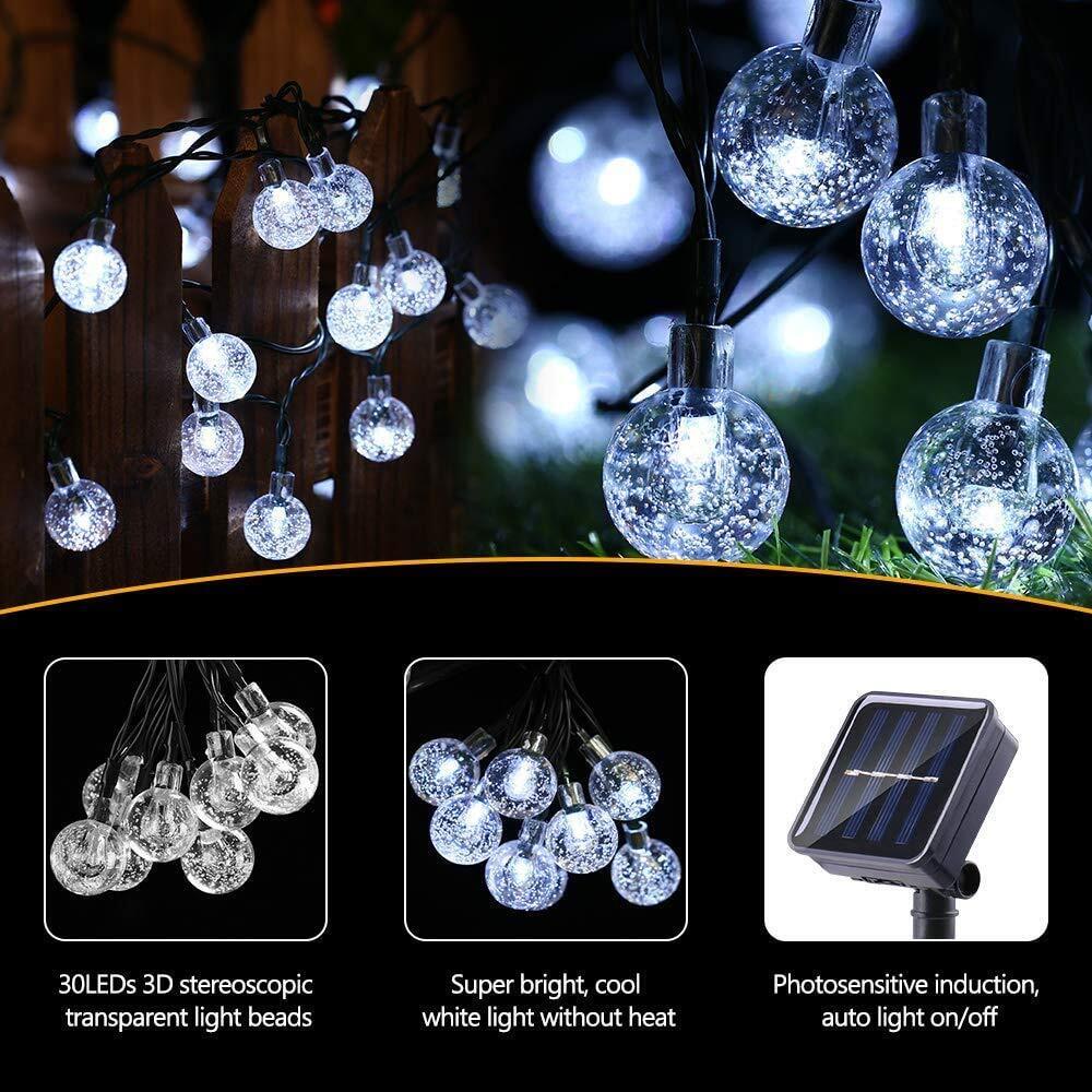 Solar String Lights 21ft 30LED Crystal Globe Bubble Lights Outdoor Fairy Lights for Fence Patio Garden Party Decor