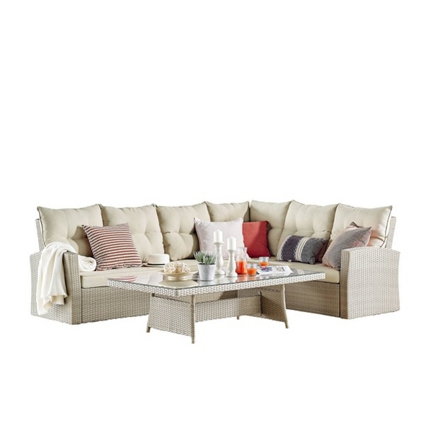 Canaan 2pc Outdoor Wicker Corner Sectional Seating Set Cream Alaterre Furniture