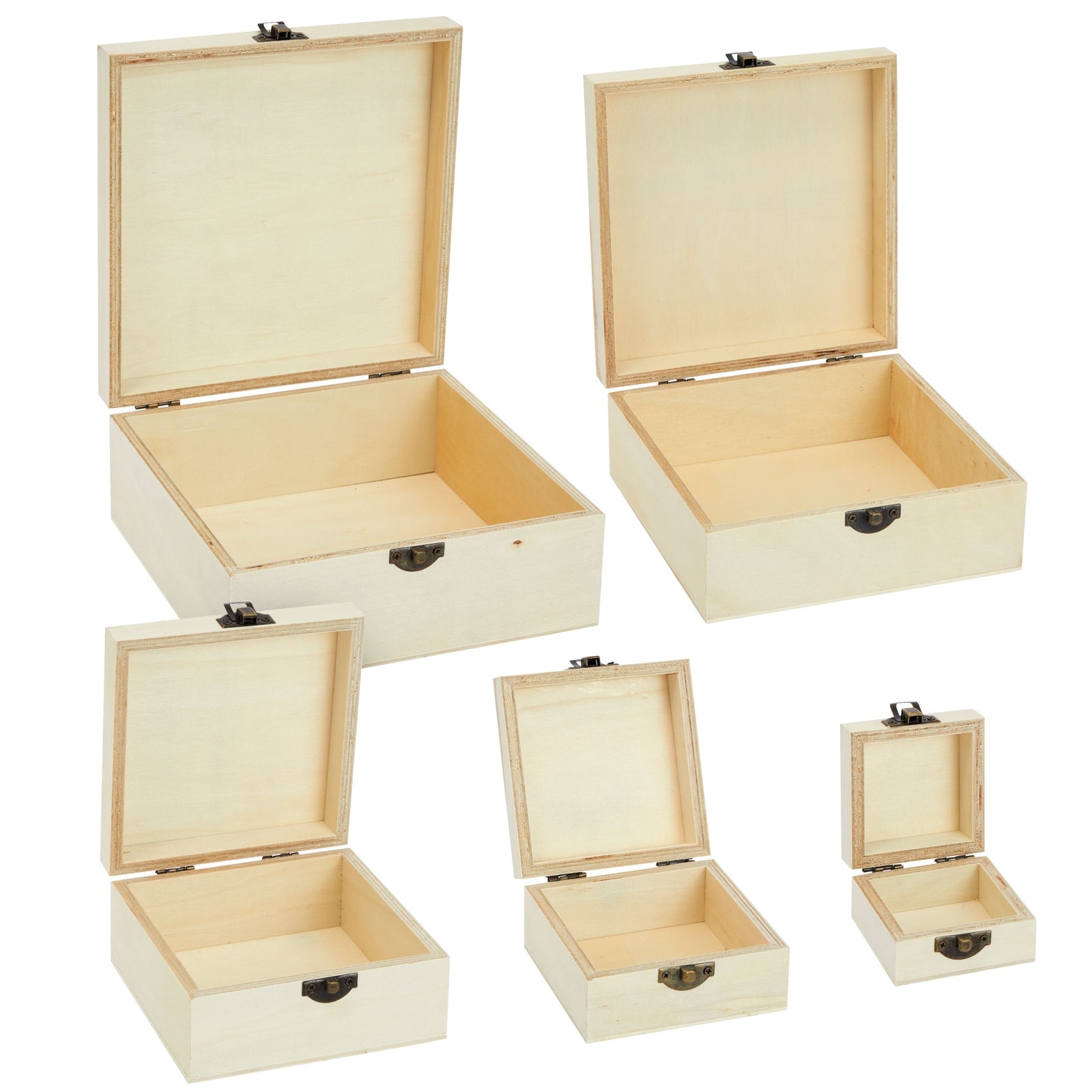 5 Piece Set of Unfinished Natural Wooden Boxes For Crafts with Magnetic Hinged Lid, Painting, Arts and Crafts