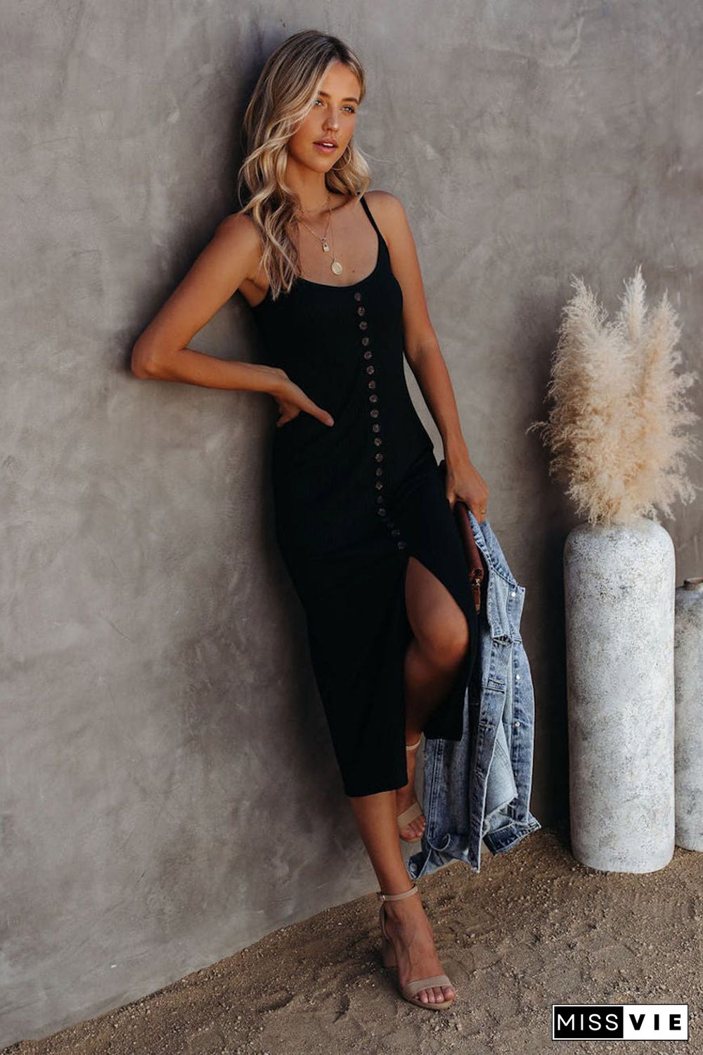 Black Buttoned Ribbed Knit Sleeveless Midi Bodycon Dress with Slit