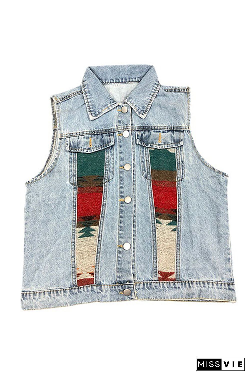 Aztec Print Patchwork Sleeveless Denim Jacket Wholesale