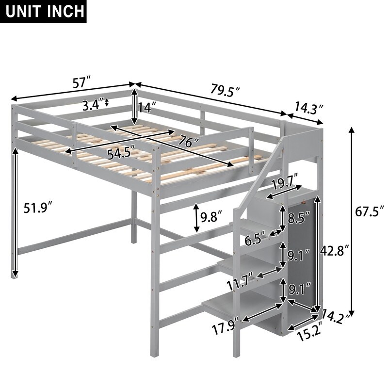 Modern Wooden Full Size Loft Bed with Built in Storage Wardrobe and Staircase