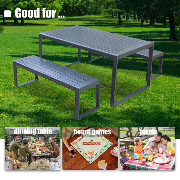 Aoodor Outdoor 3 piece Aluminum Picnic Table Set Rectangular Patio Dining Table With Benches