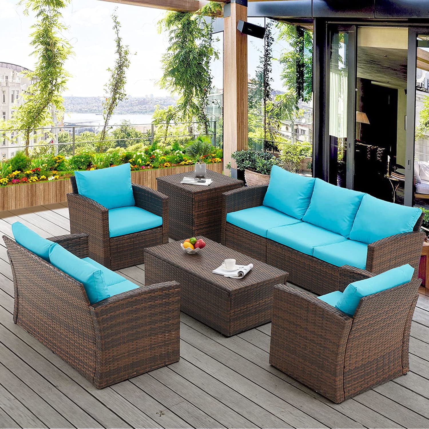 AECOJOY 6 Pieces Outdoor Furniture Set Patio Rattan Wicker Sectional Sofa Conversation Set, Blue