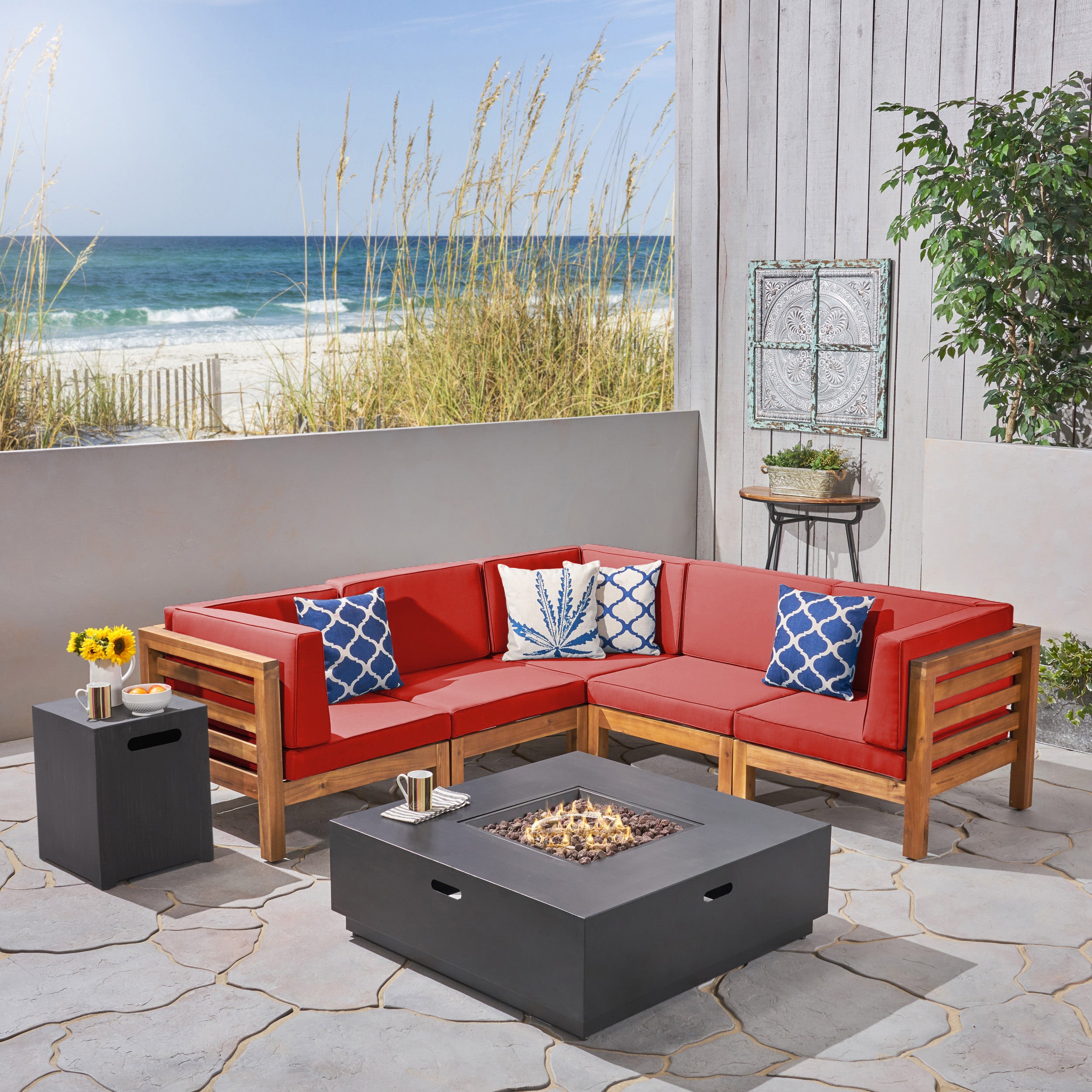 Krystin Outdoor V-Shaped Sectional Sofa Set with Fire Pit