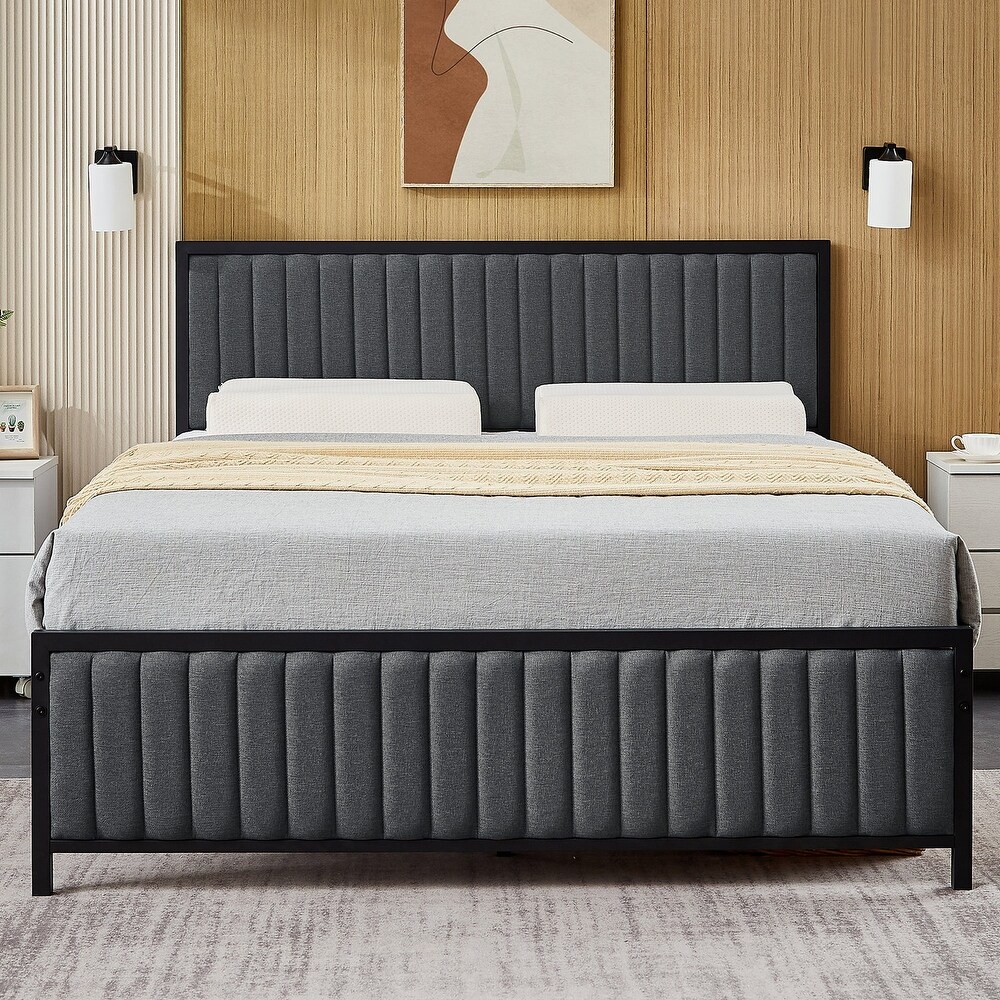 VECELO Modern Faux Leather Upholstered Bed  Beige/Grey