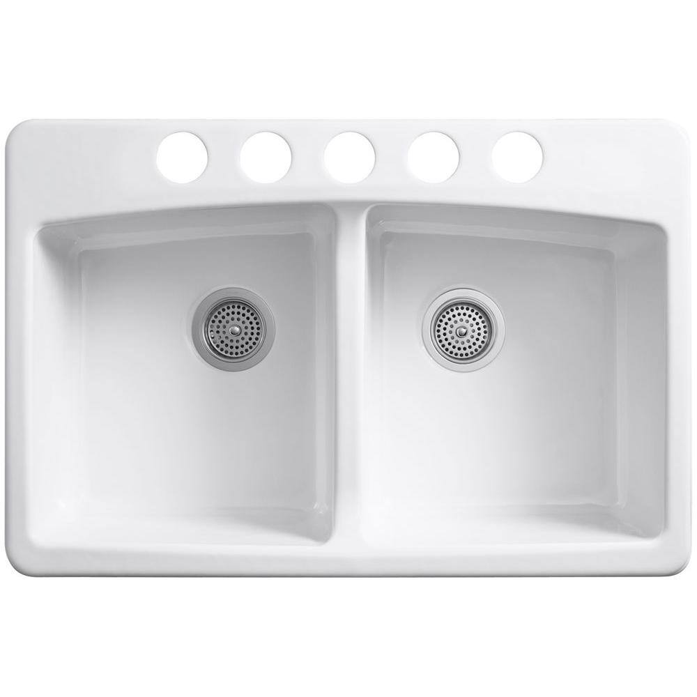 KOHLER Brookfield Undermount Cast-Iron 33 in. 5-Hole Double Bowl Kitchen Sink in Biscuit K-5846-5U-96