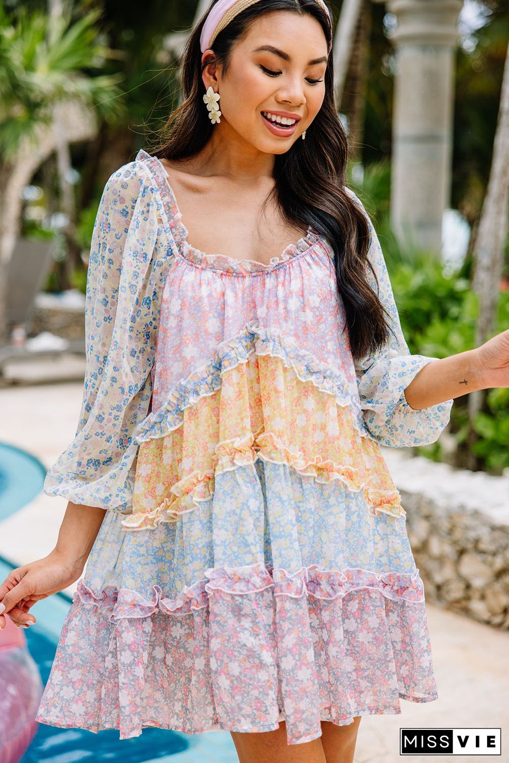 Sky Blue Floral Colorblock Tiered Puff Sleeve Dress