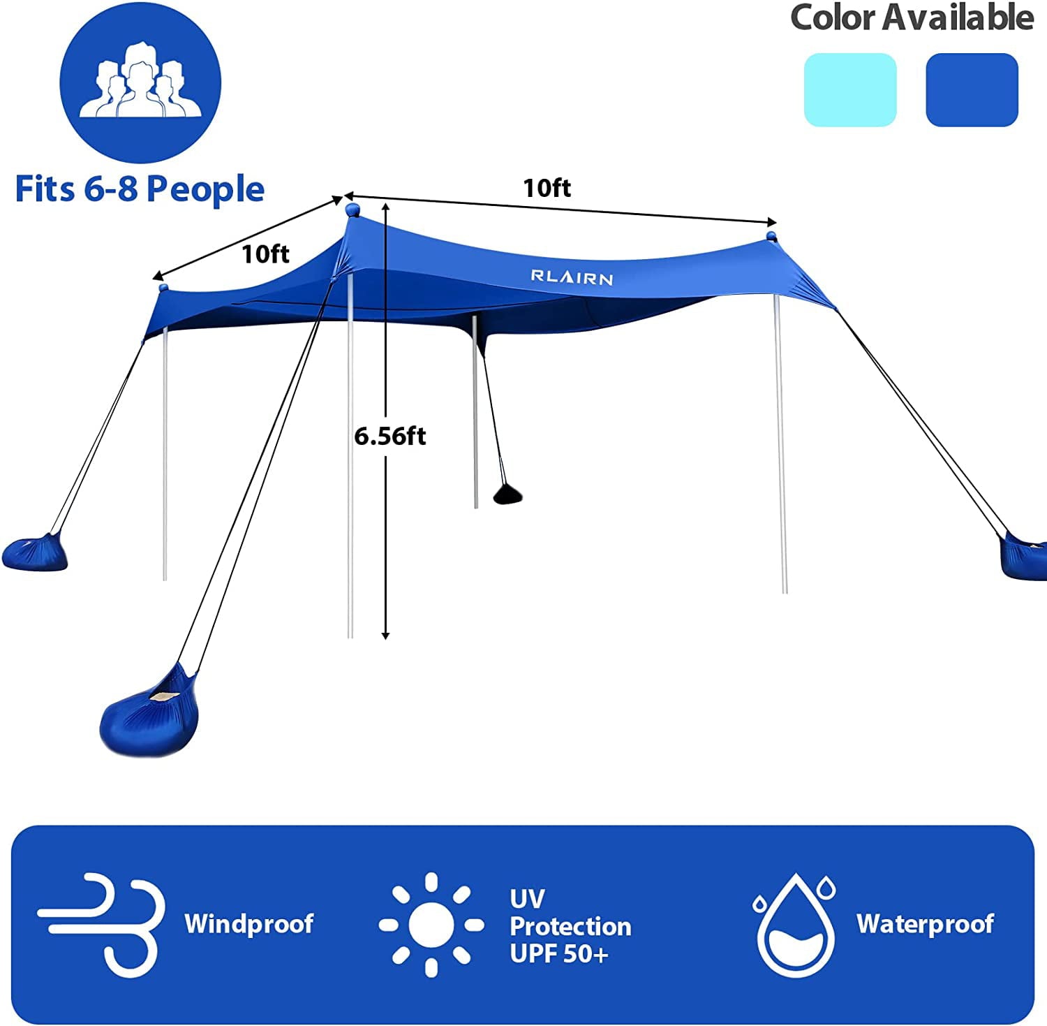 RLAIRN 10 x 10 ft Pop up Beach Tent Sun Shelter， UPF50+ Rain Resistant Beach Canopy Tent Gazebo Shade with 4 Foldable Poles， Sand Bag， Sand Shovel and Carry Bag for Beach and Backyard，Deep Blue