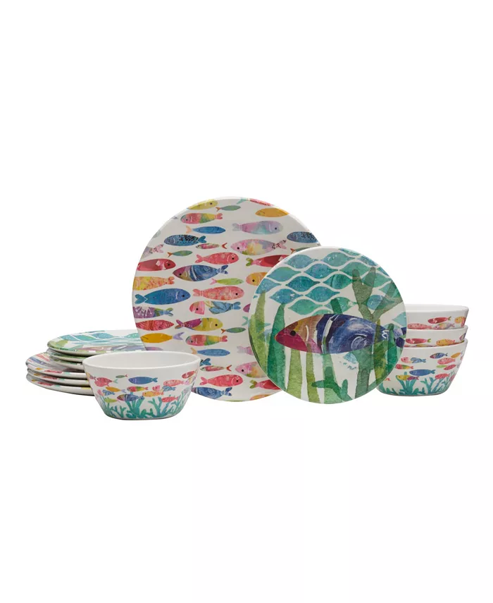 Fitz and Floyd Flamingo Fling Melamine 12 Piece Dinnerware Set Service for 4