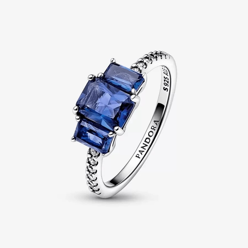 PANDORA  Blue Rectangular Three Stone Sparkling Ring