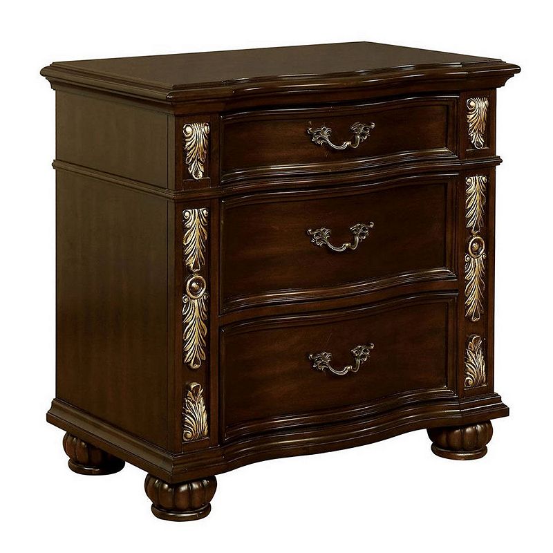 3 Drawer Wooden Nightstand with Decorative Accent and USB Plugin， Brown