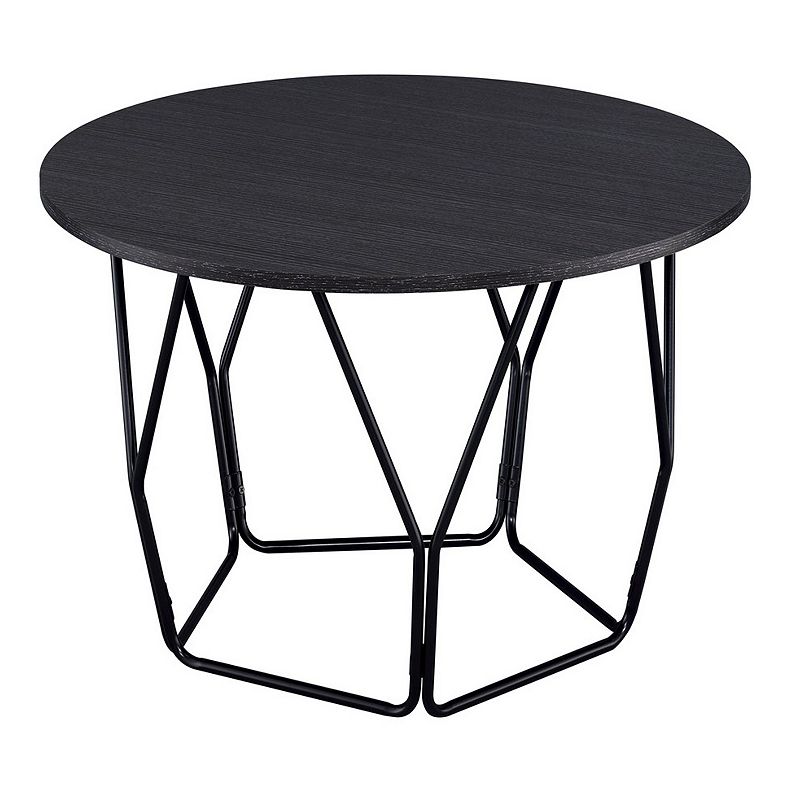 Industrial Round Top Wooden Coffee Table with Geometric Base， Black