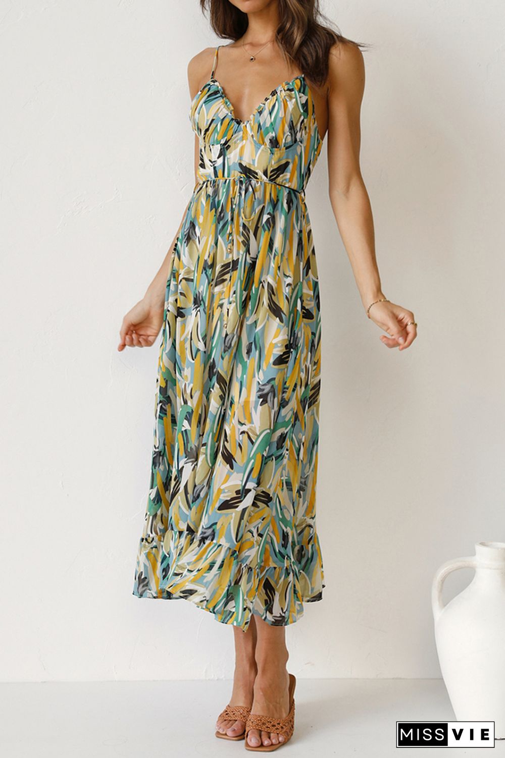 V Neck Halter Print Midi Dress Wholesale