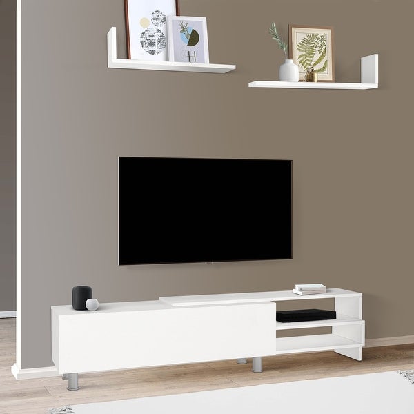 72 Inch Wood TV Console Entertainment Media Center with Storage 3 Piece Set， 2 Floating Wall Shelves， White