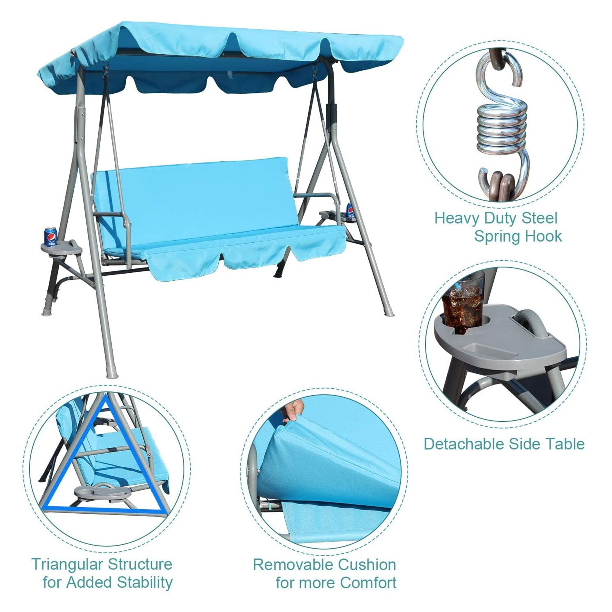 GOLDSUN 3 Person Glider Swing Hammock Chair w/ Utility Tray & Canopy, Blue