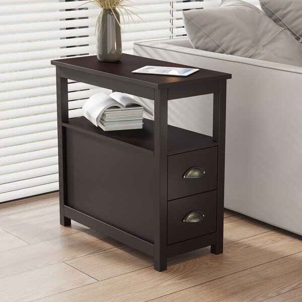 End Table Narrow Nightstand With Two Drawers And Open Shelf