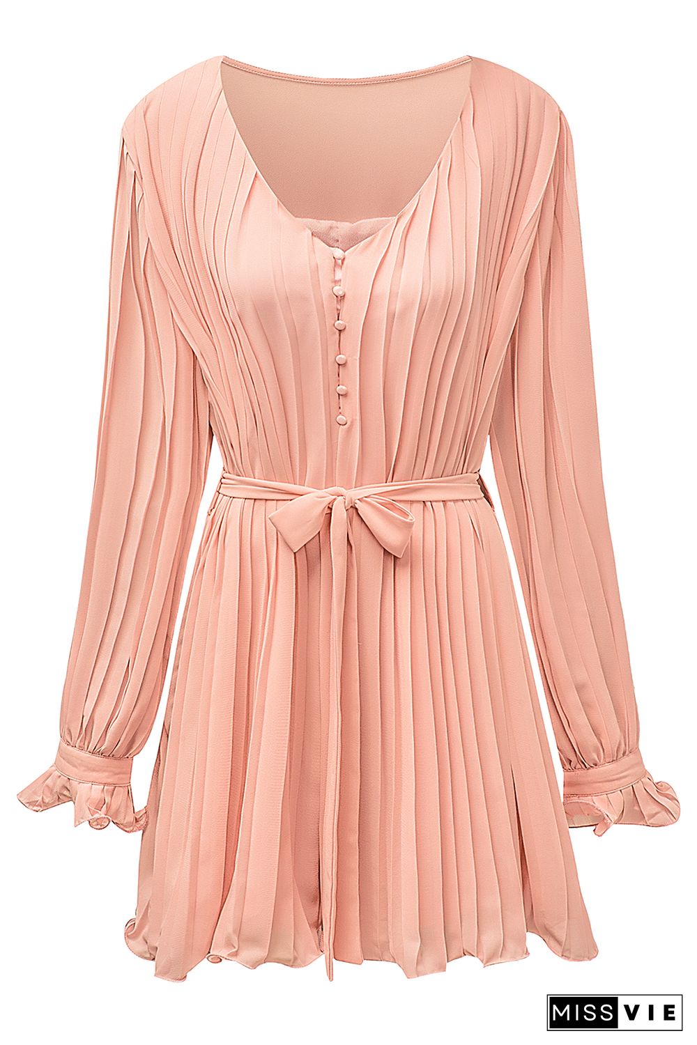 Pink Pleated Ruffled Tie Waist Buttons V Neck Romper