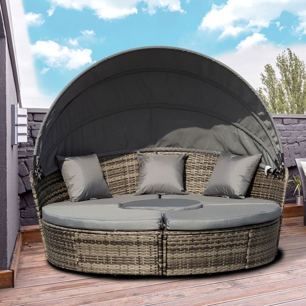 Outsunny Round Daybed 4 Pieces Cushioned Outdoor Rattan Wicker Sunbed Or Conversational Sofa Set With Sun Canopy Gray