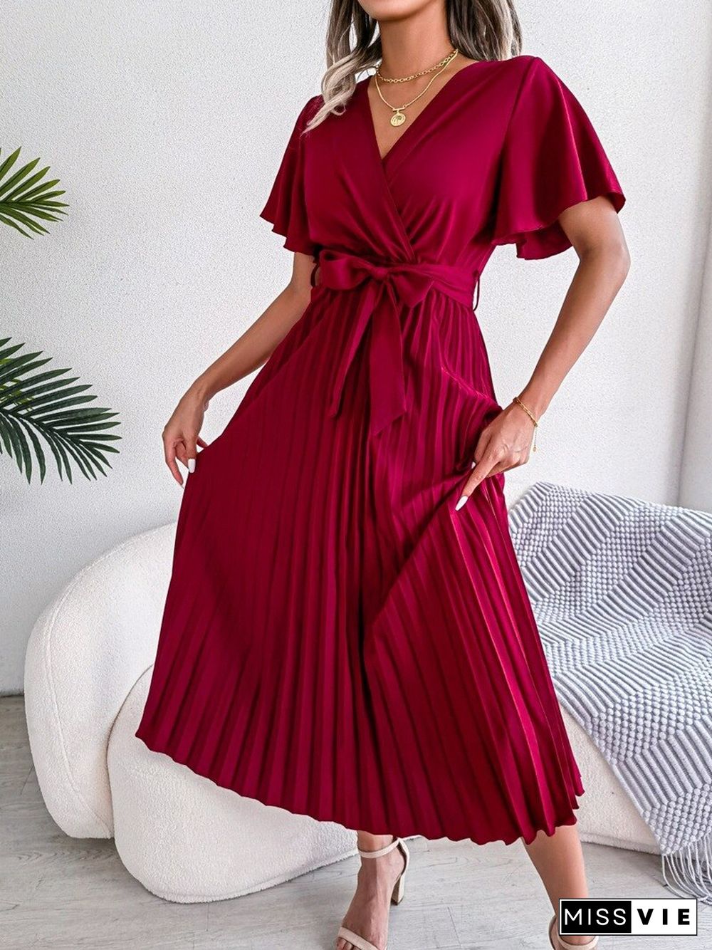 Elegant Fashion Pleated Dress For Women Summer Dresses New Cross V-Neck Lace-up Short Sleeve Solid Swing Maxi Dress