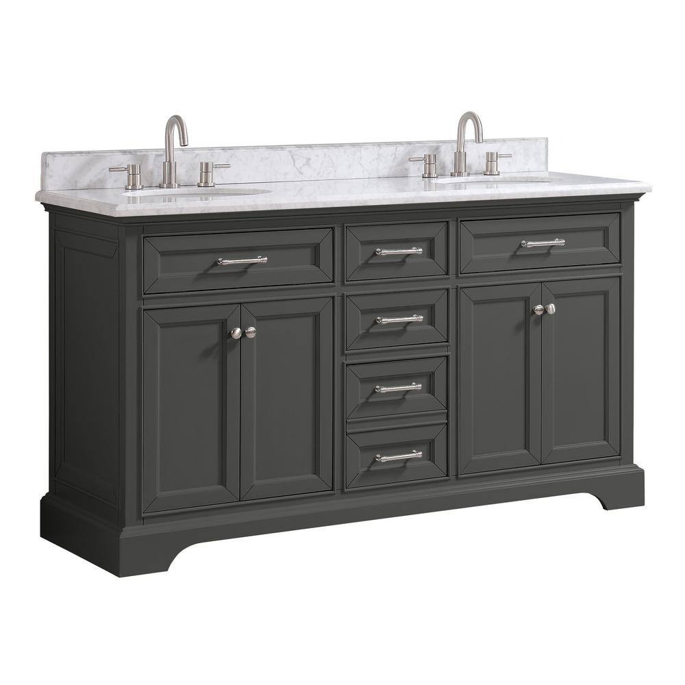 Home Decorators Collection Windlowe 61 in. W x 22 in. D x 35 in. H Freestanding Bath Vanity in Gray with Carrara White Marble Marble Top 15101-VS61C-GR