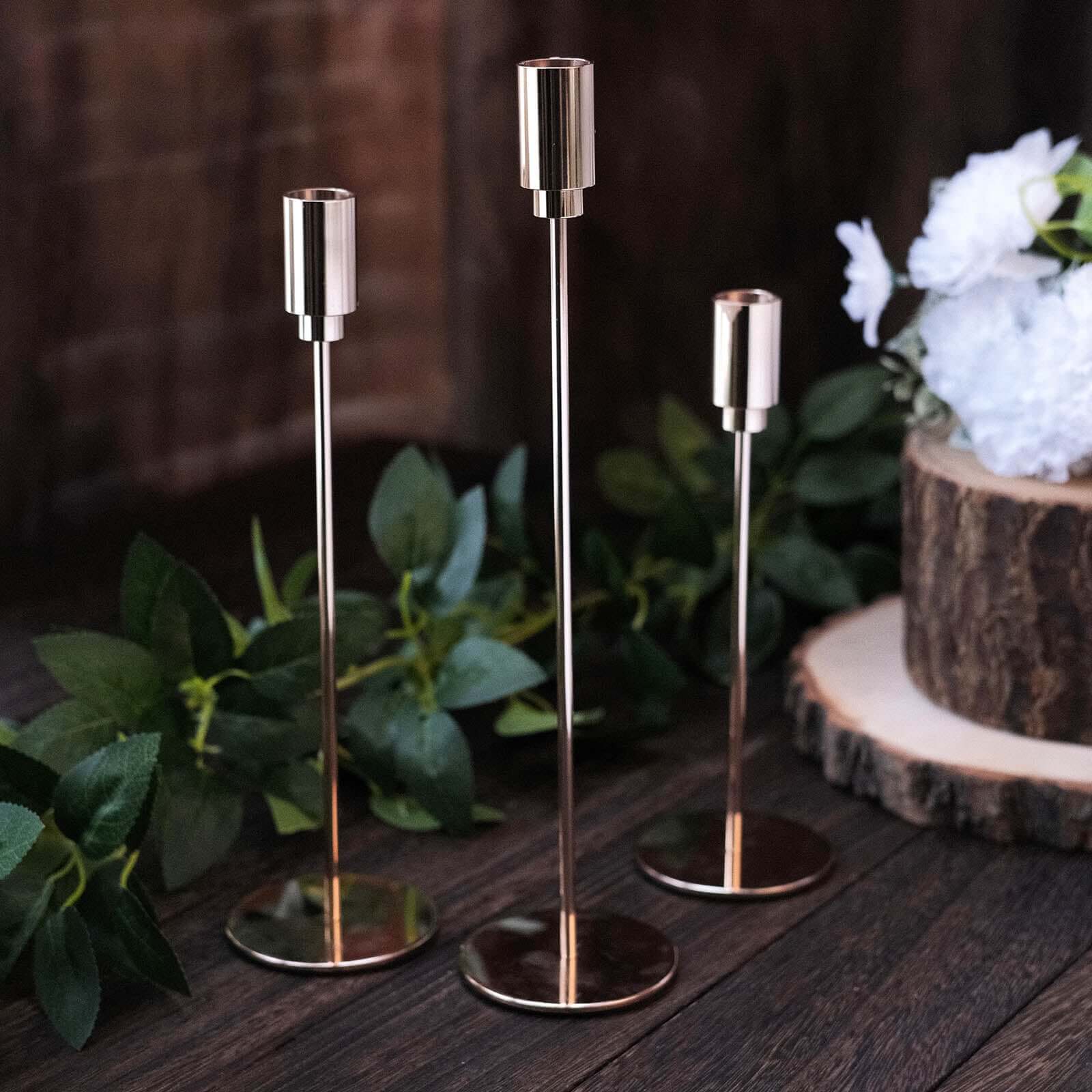 Set of 3 Gold Metal Taper Candle Stands With Round Solid Base, Decorative Candlestick Holder Set 9