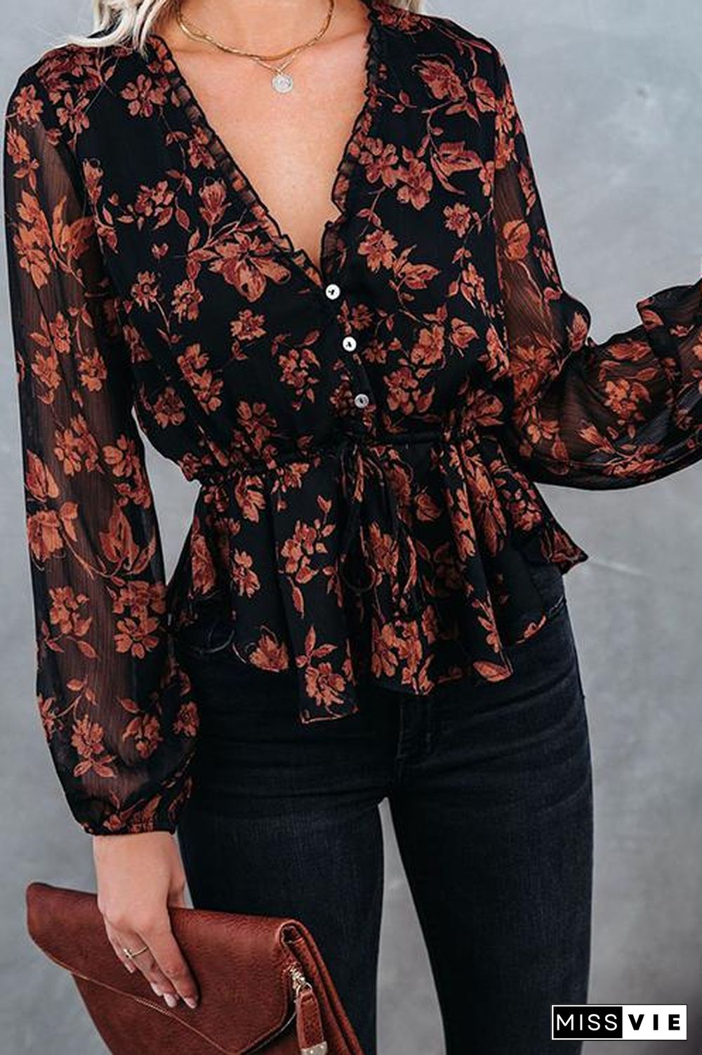 Flroal Print Button V Neck Blouse