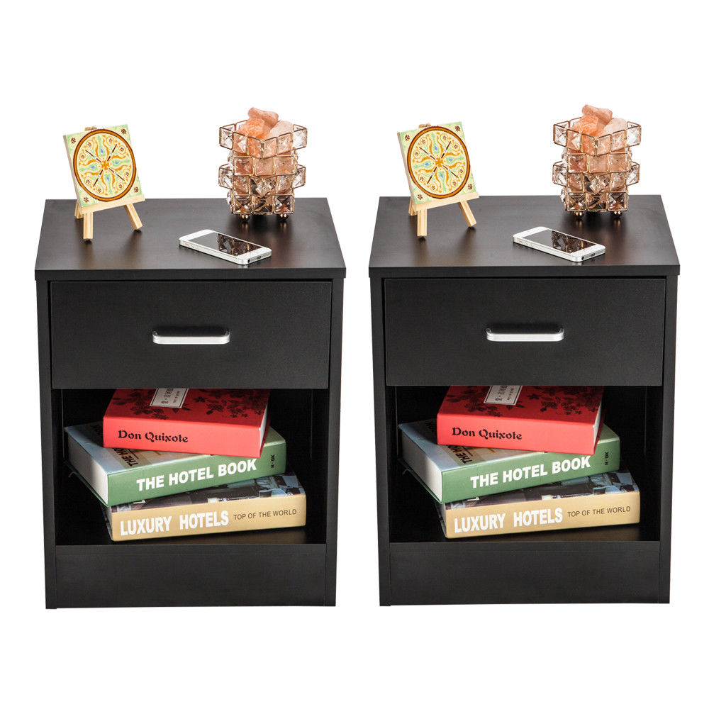 Kshioe Set of 2 Nightstand End Beside Table Storage with Drawer Black