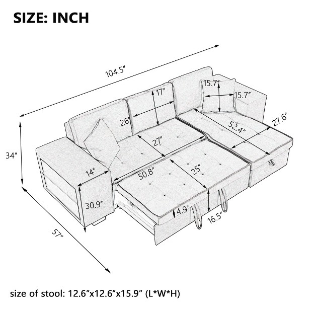 Pull Out Sleeper Sofa Reversible L shape Sectional Couch With Storage Chaise And 2 Stools modernluxe