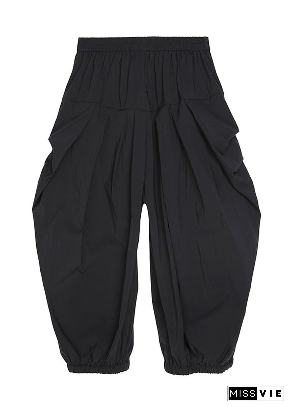 Loose Black Pockets Elastic Waist Crop Pants Fall