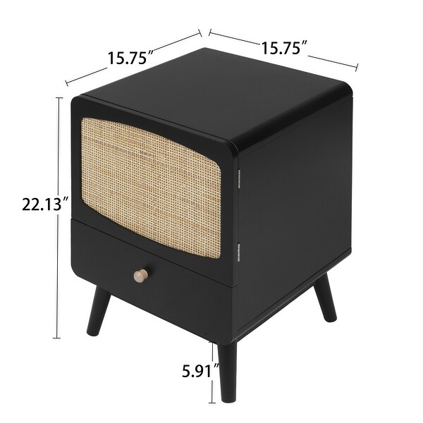 Black Nightstand， Bedside Table with Storage Drawe Rattan Door